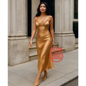 ZARA Satin Effect Slip Midi Dress NWT | Gold Ochre | Adjustable Straps